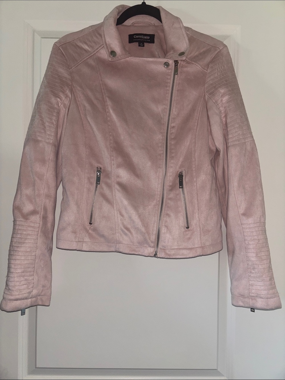 Faux Suede Soft Blush Pink Moto Jacket with Quilted Sleeves